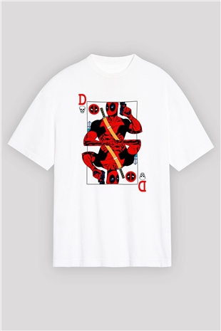 Deadpool Kartı Baskılı Oversize Beyaz Tişört