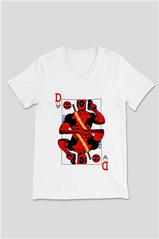 Deadpool Kartı Baskılı Unisex Beyaz  V Yaka Tişört
