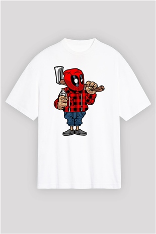 Deadpool Lumberjack Baskılı Unisex Beyaz Oversize Tişört