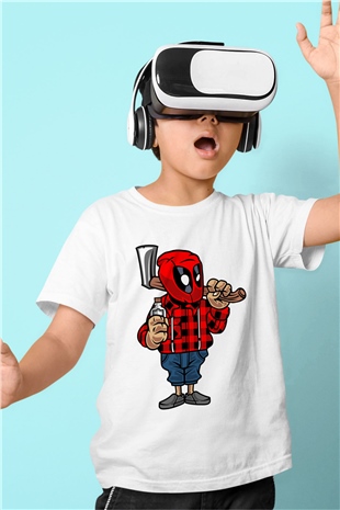 Deadpool Lumberjack Baskılı Unisex Beyaz Çocuk Tişört