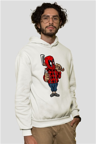 Deadpool Lumberjack Baskılı Unisex Beyaz Hoodie