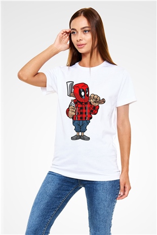 Deadpool Lumberjack Baskılı Unisex Beyaz Tişört
