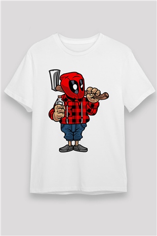 Deadpool Lumberjack Baskılı Unisex Beyaz Tişört