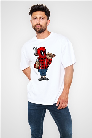 Deadpool Lumberjack Baskılı Unisex Beyaz Oversize Tişört