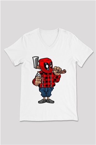 Deadpool Lumberjack Baskılı Unisex Beyaz V Yaka Tişört