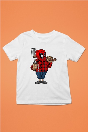 Deadpool Lumberjack Baskılı Unisex Beyaz Çocuk Tişört