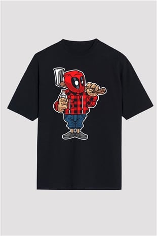 Deadpool Lumberjack Baskılı Unisex Siyah Oversize Tişört
