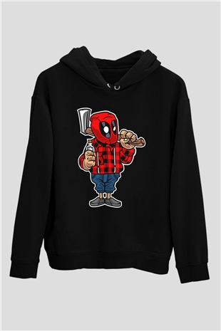 Deadpool Lumberjack Baskılı Unisex Siyah Hoodie