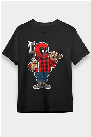 Deadpool Lumberjack Baskılı Unisex Siyah Tişört