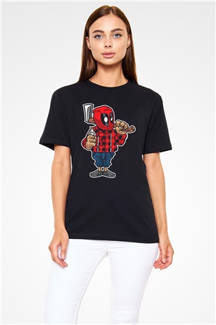 Deadpool Lumberjack Baskılı Unisex Siyah Tişört