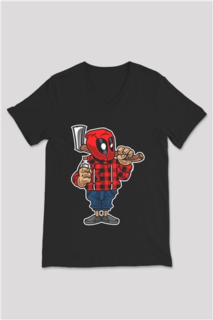Deadpool Lumberjack Baskılı Unisex Siyah V Yaka Tişört
