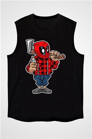 Deadpool Lumberjack Baskılı Unisex Siyah Kolsuz Tişört