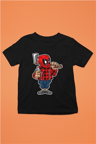 Deadpool Lumberjack Baskılı Unisex Siyah Çocuk Tişört