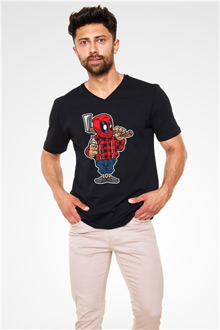 Deadpool Lumberjack Baskılı Unisex Siyah V Yaka Tişört