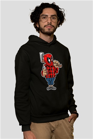 Deadpool Lumberjack Baskılı Unisex Siyah Hoodie