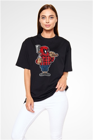 Deadpool Lumberjack Baskılı Unisex Siyah Oversize Tişört