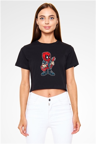 Deadpool Rocker Baskılı Siyah Kadın Crop Top Tişört