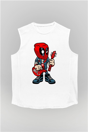 Deadpool Rocker Baskılı Unisex Beyaz Kolsuz Tişört