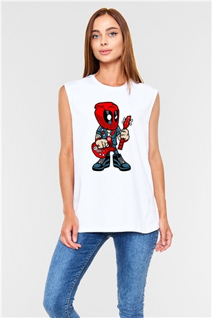 Deadpool Rocker Baskılı Unisex Beyaz Kolsuz Tişört