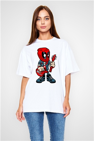Deadpool Rocker Baskılı Unisex Beyaz Oversize Tişört