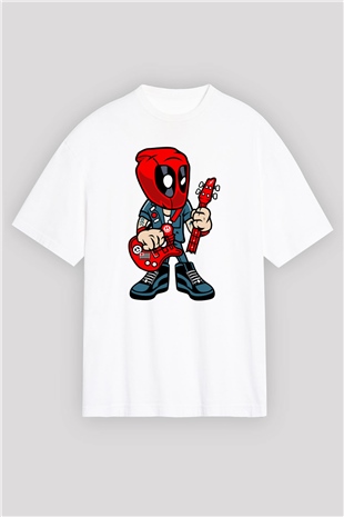 Deadpool Rocker Baskılı Unisex Beyaz Oversize Tişört