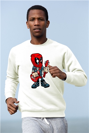 Deadpool Rocker Baskılı Unisex Beyaz Sweatshirt