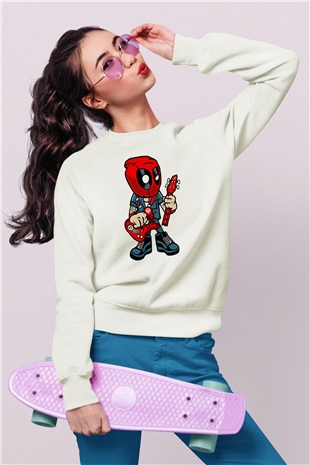 Deadpool Rocker Baskılı Unisex Beyaz Sweatshirt