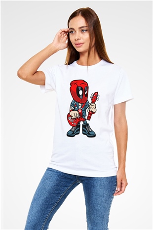 Deadpool Rocker Baskılı Unisex Beyaz Tişört