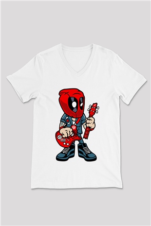 Deadpool Rocker Baskılı Unisex Beyaz V Yaka Tişört