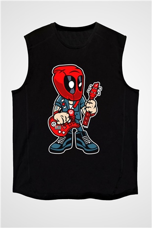 Deadpool Rocker Baskılı Unisex Siyah Kolsuz Tişört