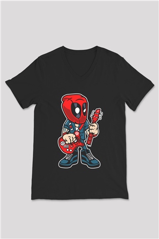 Deadpool Rocker Baskılı Unisex Siyah V Yaka Tişört