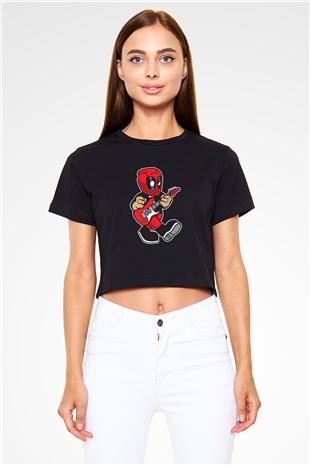 Deadpool Rockstar Baskılı  Siyah  Crop Top Tişört