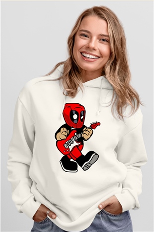 Deadpool Rockstar Baskılı Unisex Beyaz Hoodie