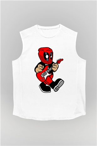 Deadpool Rockstar Baskılı Unisex Beyaz Kolsuz Tişört
