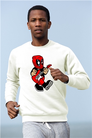 Deadpool Rockstar Baskılı Unisex Beyaz Sweatshirt