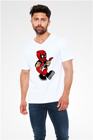 Deadpool Rockstar Baskılı Unisex Beyaz V Yaka Tişört