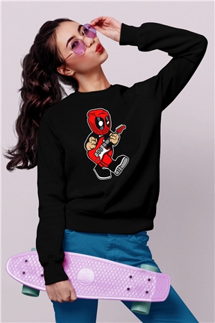 Deadpool Rockstar Baskılı Unisex Siyah Sweatshirt