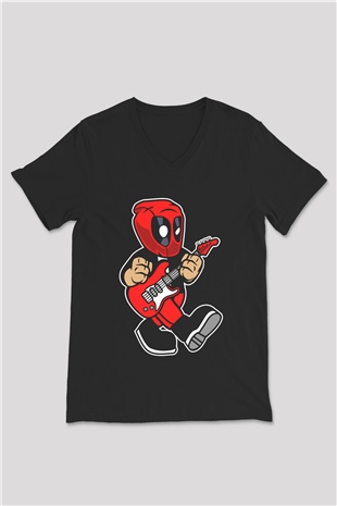 Deadpool Rockstar Baskılı Unisex Siyah V Yaka Tişört