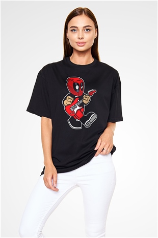 Deadpool Rockstar Baskılı Unisex Siyah Oversize Tişört