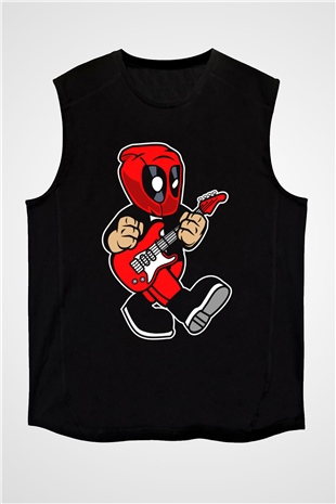 Deadpool Rockstar Baskılı Unisex Siyah Kolsuz Tişört