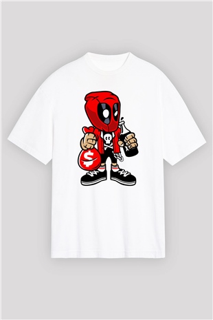 Deadpool Street Bastard Baskılı Unisex Beyaz Oversize Tişört