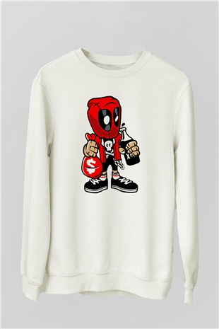 Deadpool Street Bastard Baskılı Unisex Beyaz Sweatshirt