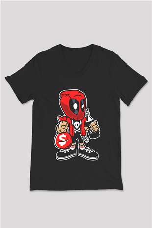Deadpool Street Bastard Baskılı Unisex Siyah V Yaka Tişört