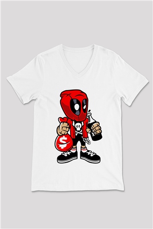 Deadpool Street Bastard Baskılı Unisex Beyaz V Yaka Tişört