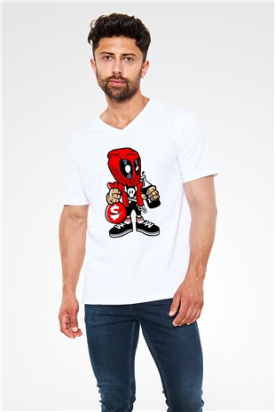 Deadpool Street Bastard Baskılı Unisex Beyaz V Yaka Tişört