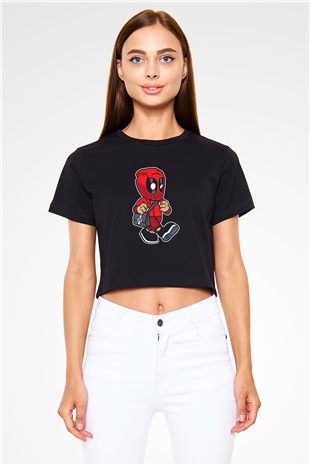 Deadpool Worker Baskılı  Siyah  Crop Top Tişört