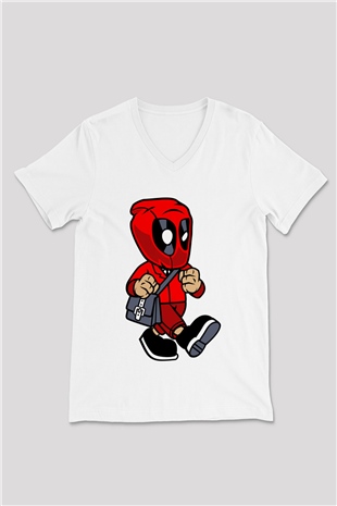 Deadpool Worker Baskılı Unisex Beyaz V Yaka Tişört