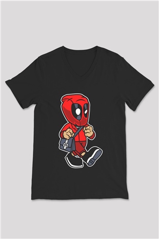 Deadpool Worker Baskılı Unisex Siyah V Yaka Tişört