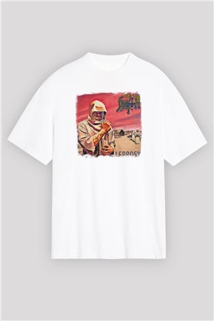 Death Baskılı Unisex Beyaz Oversize Tişört