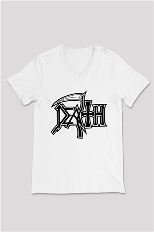 Death Beyaz Unisex V Yaka Tişört T-Shirt